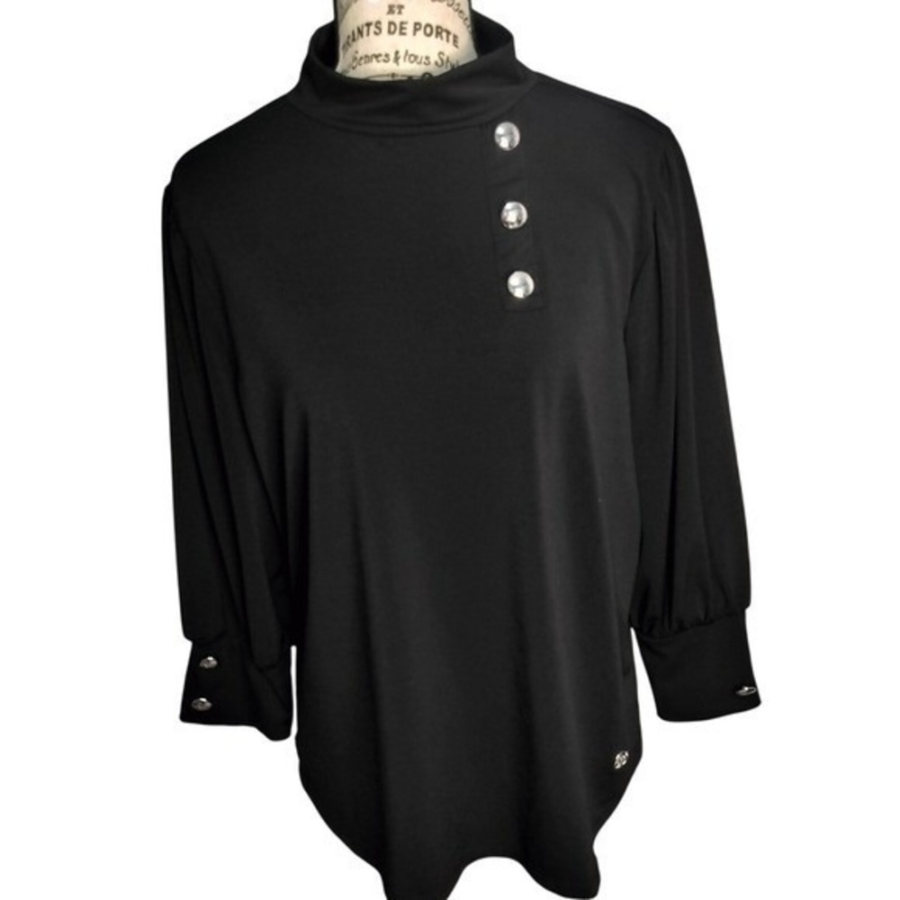 Adrienne‎ Vittadini Women's 2X Black Mock Neck Button Detail Blouse 3/4 Sleeve
